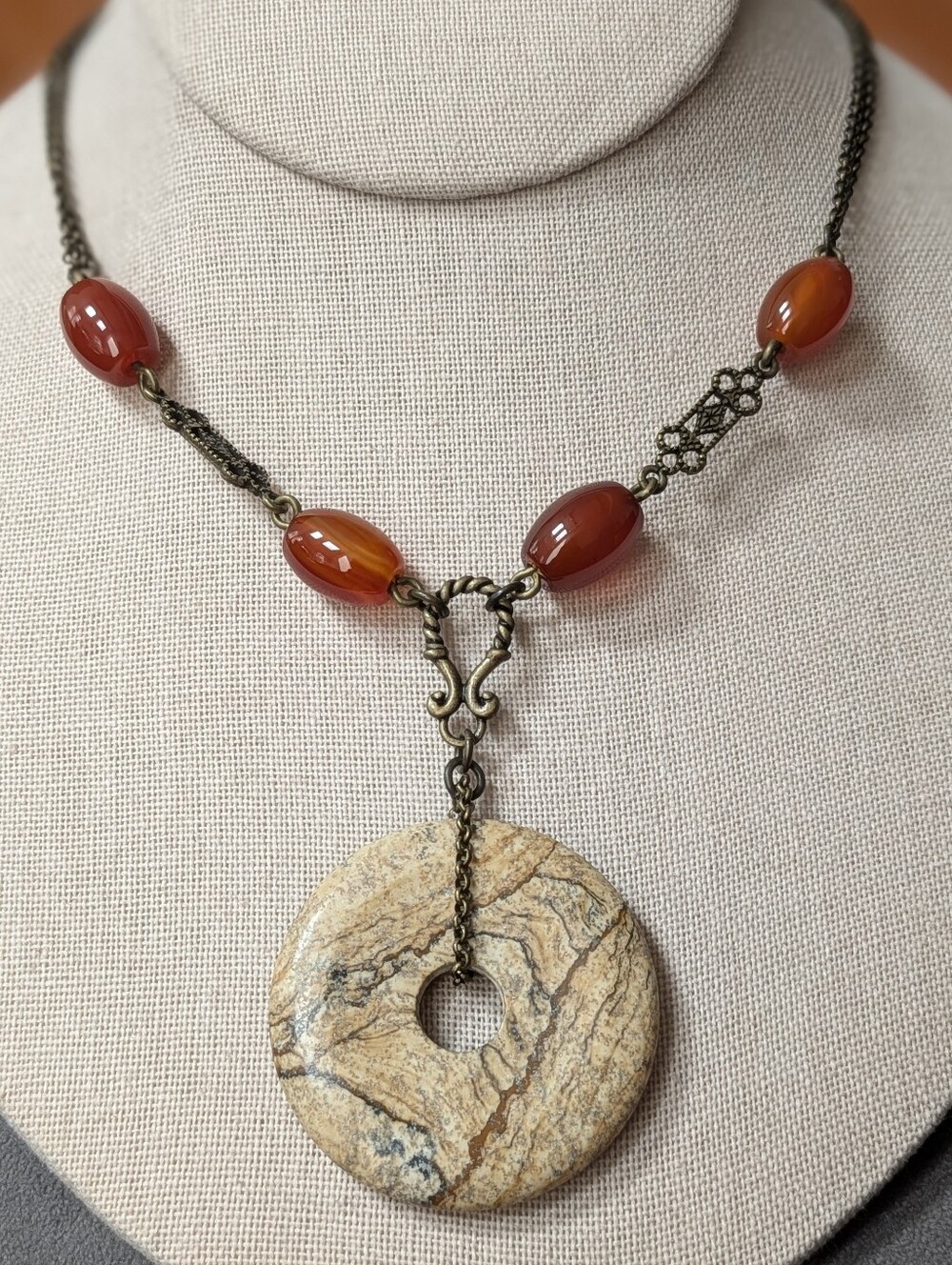 Vintage Park Lane Carnelian Picture Jasper Pendant Necklace Antiqued Gold Tone